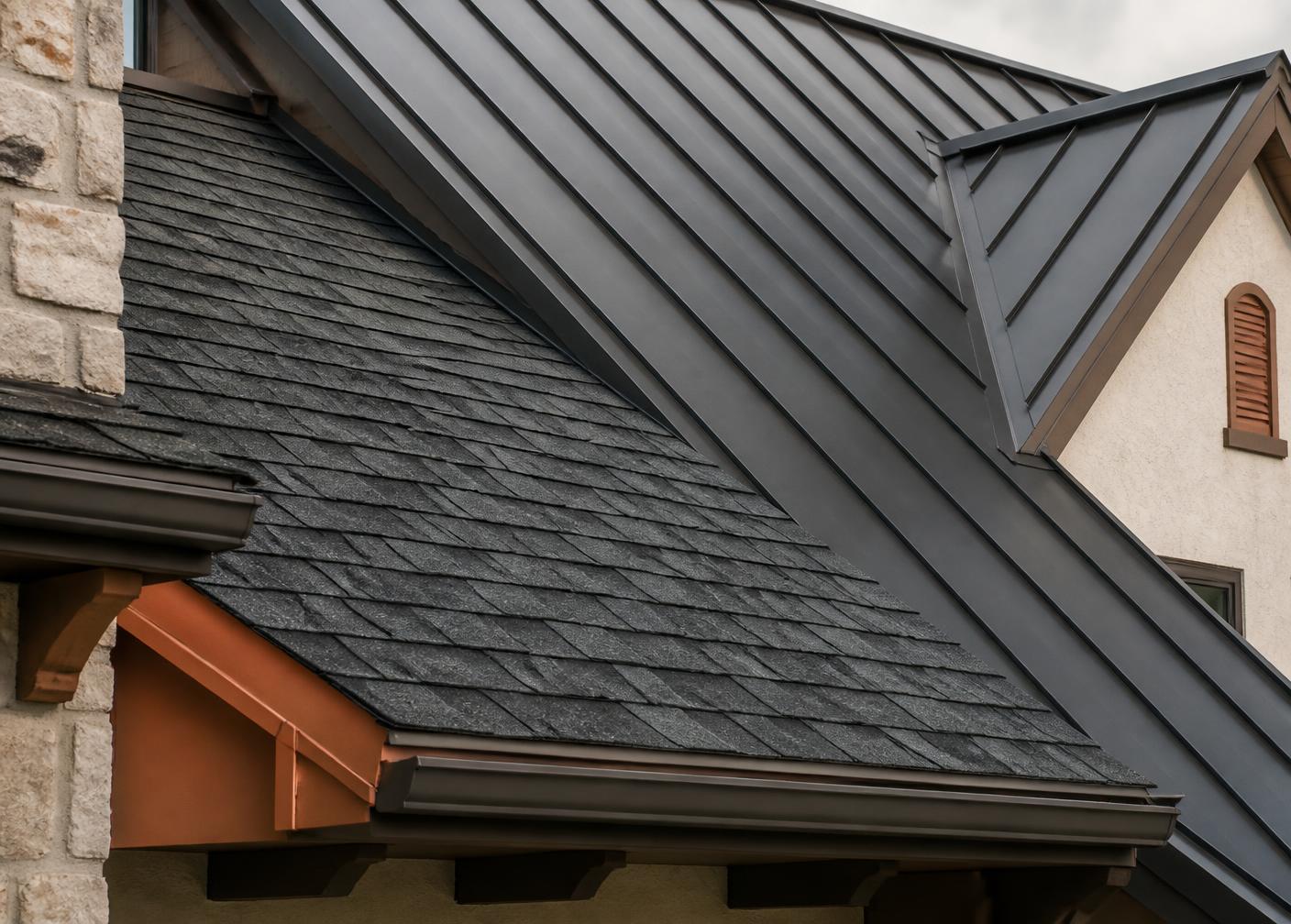 Slate asphalt shingles and standing seam metal roofing materials